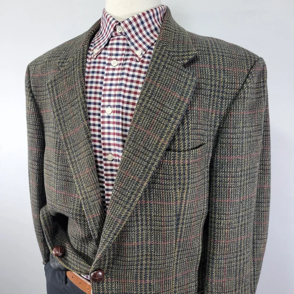Robert Stock Men's Sport‎ Coat Blazer Two Button Brown Plaid Wool Size 44R